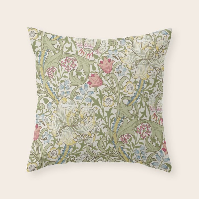 William Morris Vintage Golden Lily Green & Red  Throw Pillow Gallery Image 6