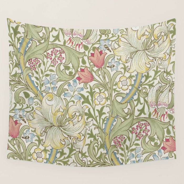 William Morris Vintage Golden Lily Green & Red  Wall Tapestry Gallery Image 1