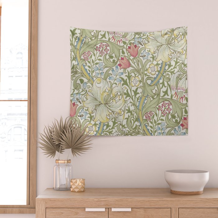 William Morris Vintage Golden Lily Green & Red  Wall Tapestry Gallery Image 2