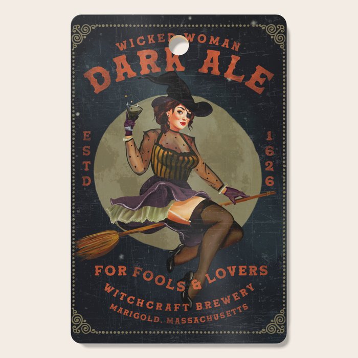 "Wicked Woman Dark Ale" Vintage Pinup Witch Halloween Art Cutting Board Gallery Image 1
