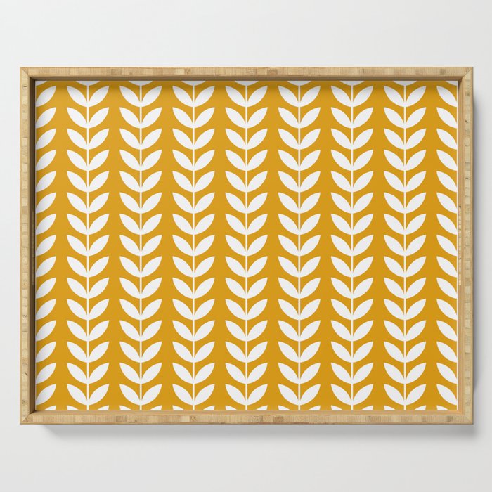 Mustard and White Scandinavian leaves pattern Serving Tray Gallery Image 1