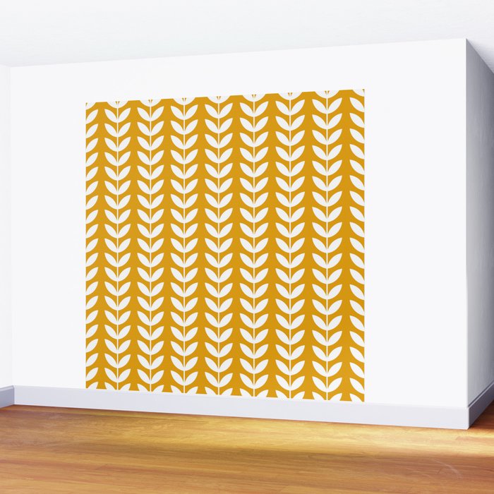 Mustard and White Scandinavian leaves pattern Wall Mural Gallery Image 2