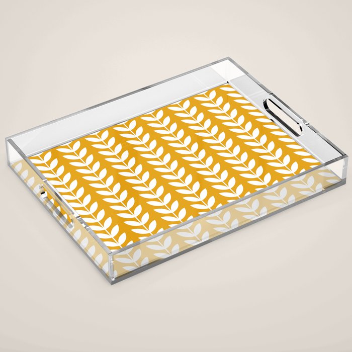 Mustard and White Scandinavian leaves pattern Acrylic Tray Gallery Image 1