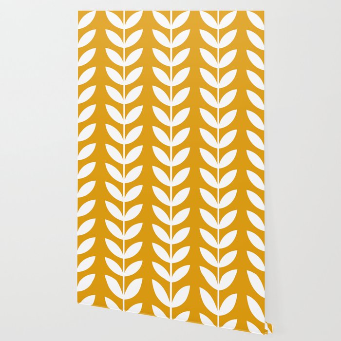 Mustard and White Scandinavian leaves pattern Wallpaper Gallery Image 2