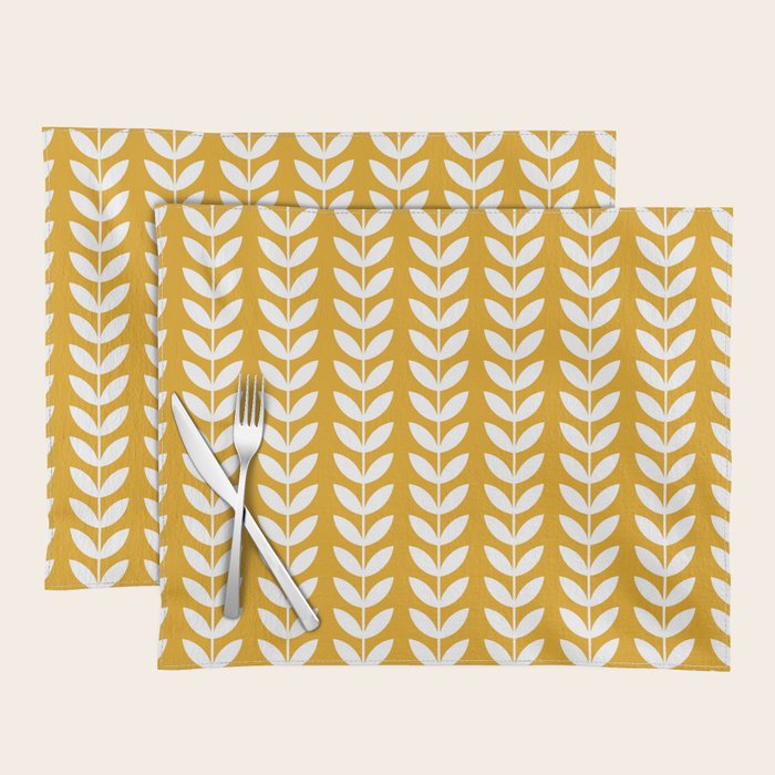 Mustard and White Scandinavian leaves pattern Placemat Gallery Image 1