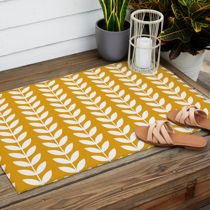 Mustard and White Scandinavian leaves pattern Outdoor Rug Gallery Image 2