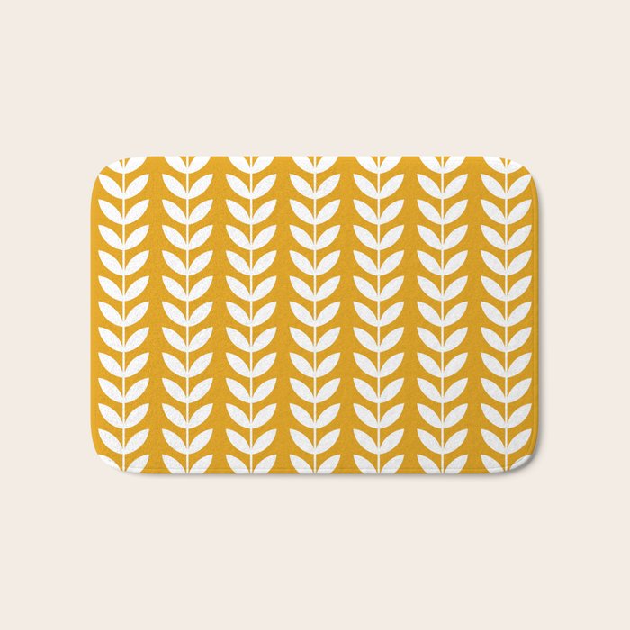 Mustard and White Scandinavian leaves pattern Bath Mat Gallery Image 1