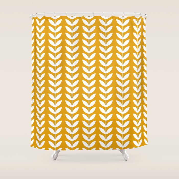 Mustard and White Scandinavian leaves pattern Shower Curtain Gallery Image 1