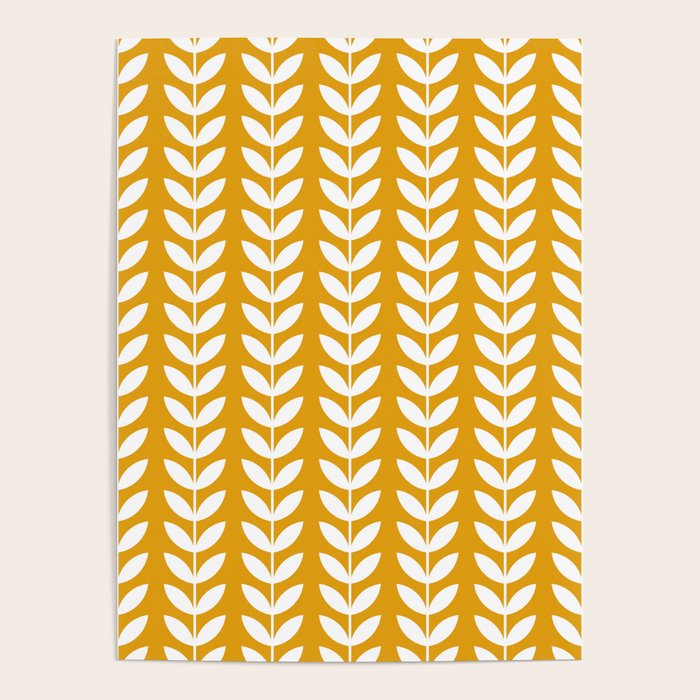 Mustard and White Scandinavian leaves pattern Poster Gallery Image 1