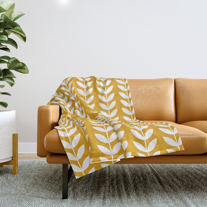 Mustard and White Scandinavian leaves pattern Throw Blanket Gallery Image 1