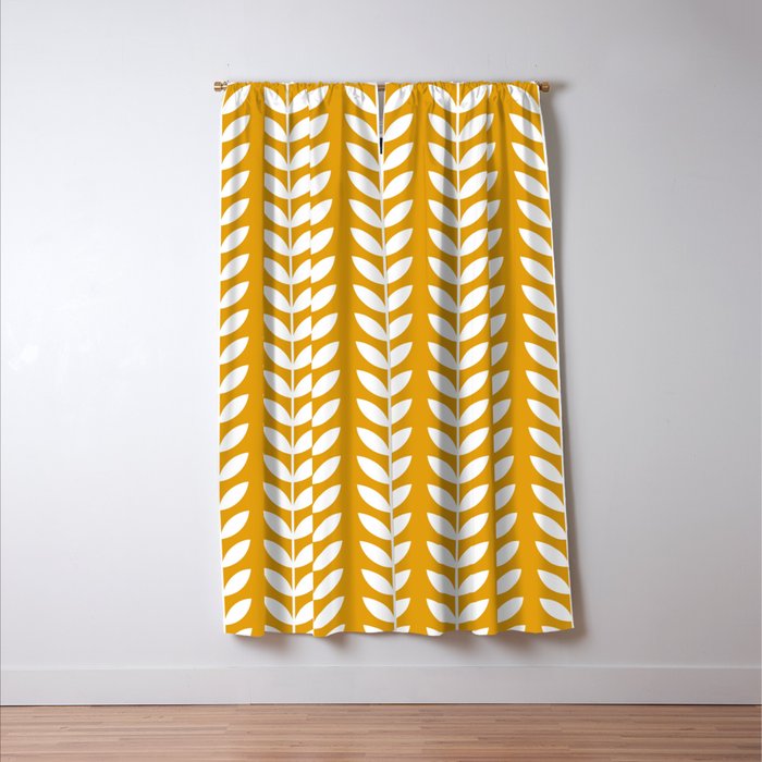 Mustard and White Scandinavian leaves pattern Window Curtain Gallery Image 3