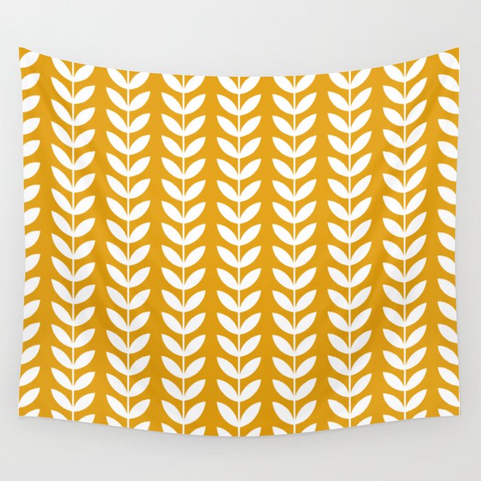 Mustard and White Scandinavian leaves pattern Wall Tapestry Gallery Image 1