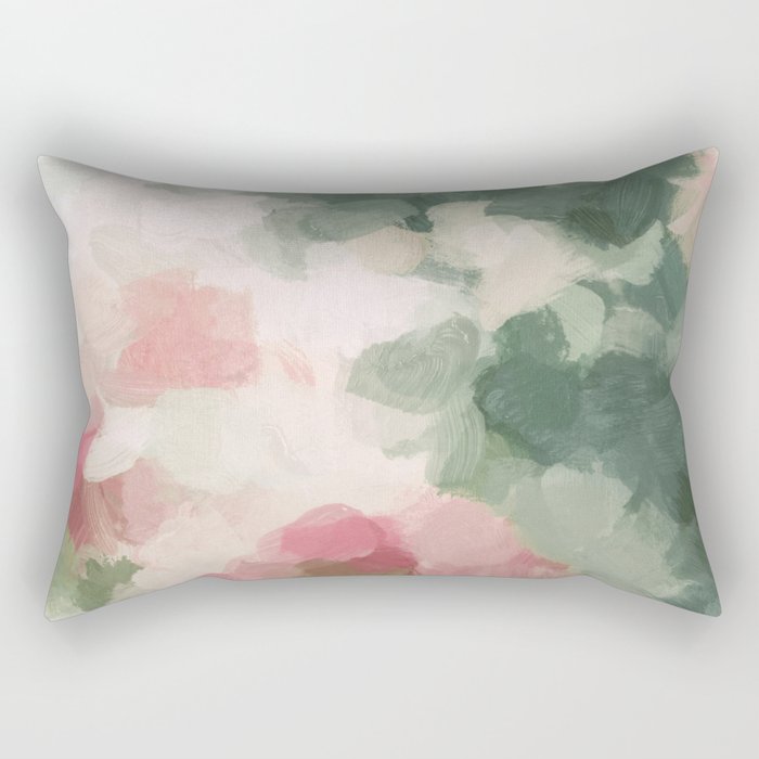 Rose Garden - Forest Sage Green Fuchsia Pink Floral Rose Garden Abstract Flower Painting Art Print Rectangular Pillow Gallery Image 2