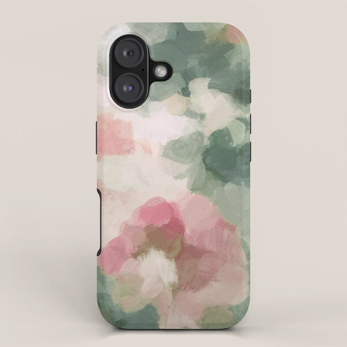 Rose Garden - Forest Sage Green Fuchsia Pink Floral Rose Garden Abstract Flower Painting Art Print iPhone Case Gallery Image 1
