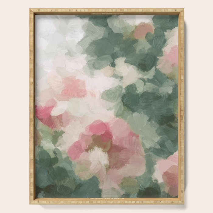 Rose Garden - Forest Sage Green Fuchsia Pink Floral Rose Garden Abstract Flower Painting Art Print Serving Tray Gallery Image 1