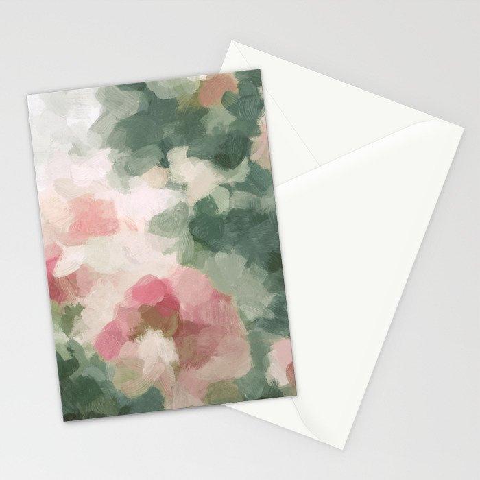 Rose Garden - Forest Sage Green Fuchsia Pink Floral Rose Garden Abstract Flower Painting Art Print Stationery Card Gallery Image 2