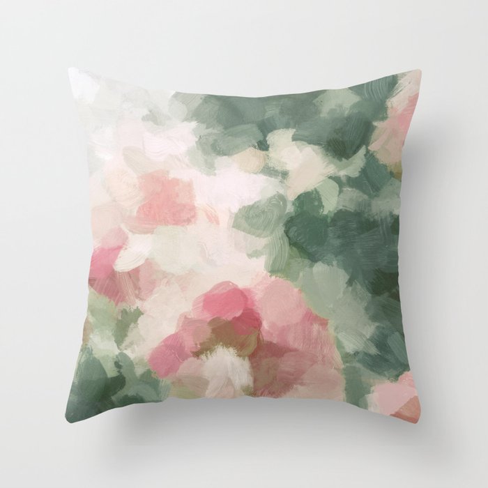 Rose Garden - Forest Sage Green Fuchsia Pink Floral Rose Garden Abstract Flower Painting Art Print Throw Pillow Gallery Image 1