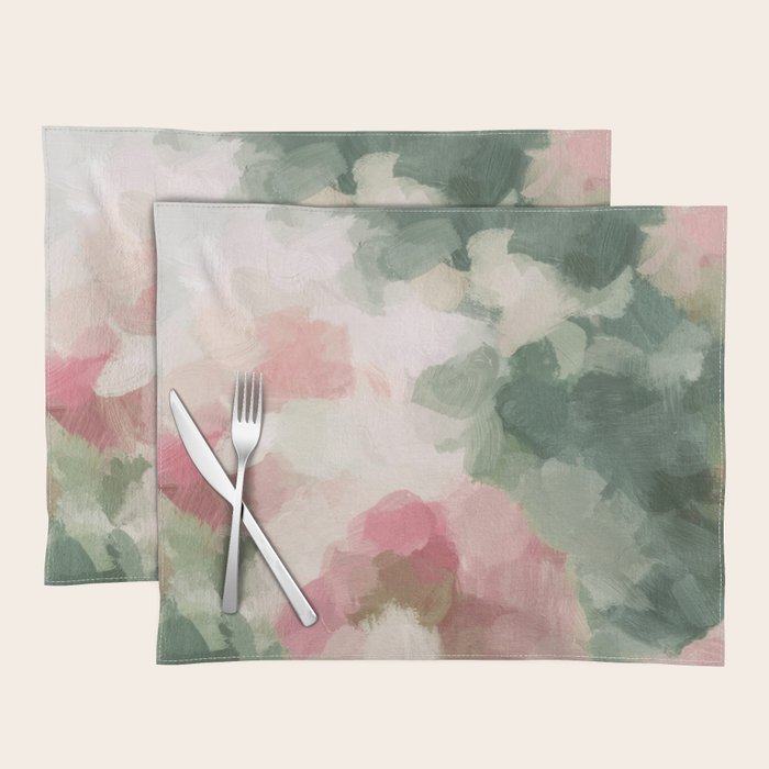 Rose Garden - Forest Sage Green Fuchsia Pink Floral Rose Garden Abstract Flower Painting Art Print Placemat Gallery Image 1