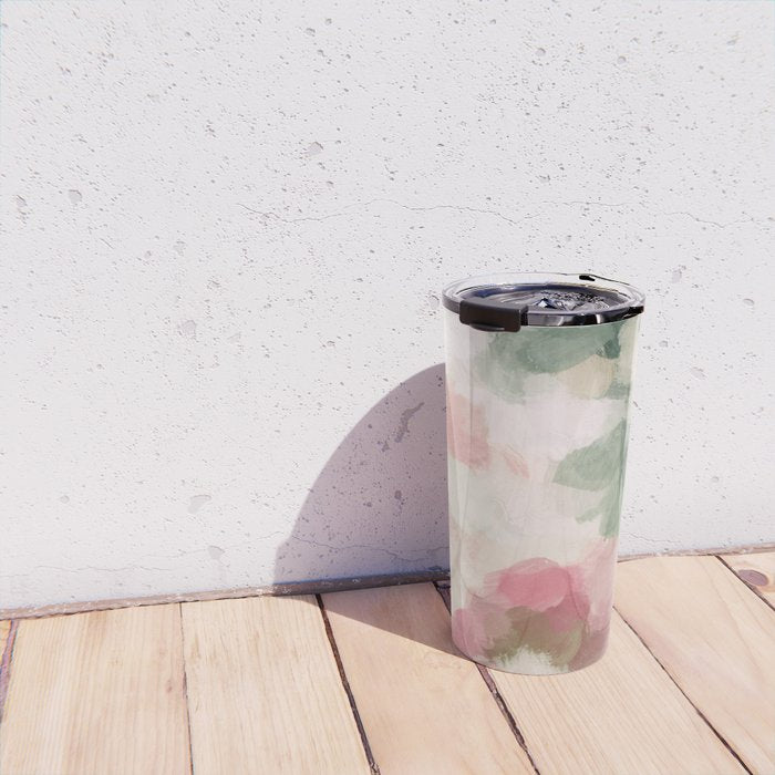 Rose Garden - Forest Sage Green Fuchsia Pink Floral Rose Garden Abstract Flower Painting Art Print Travel Mug Gallery Image 4