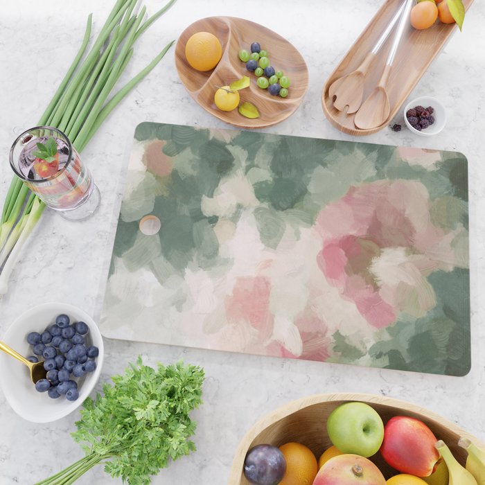 Rose Garden - Forest Sage Green Fuchsia Pink Floral Rose Garden Abstract Flower Painting Art Print Cutting Board Gallery Image 2