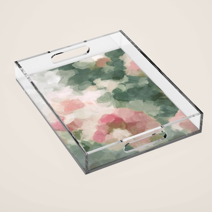 Rose Garden - Forest Sage Green Fuchsia Pink Floral Rose Garden Abstract Flower Painting Art Print Acrylic Tray Gallery Image 1