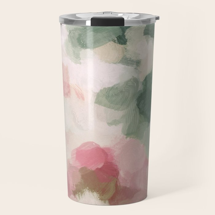 Rose Garden - Forest Sage Green Fuchsia Pink Floral Rose Garden Abstract Flower Painting Art Print Travel Mug Gallery Image 1