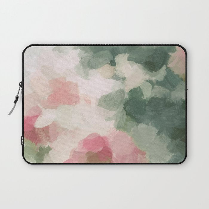 Rose Garden - Forest Sage Green Fuchsia Pink Floral Rose Garden Abstract Flower Painting Art Print Laptop Sleeve Gallery Image 1