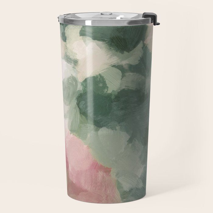 Rose Garden - Forest Sage Green Fuchsia Pink Floral Rose Garden Abstract Flower Painting Art Print Travel Mug Gallery Image 2