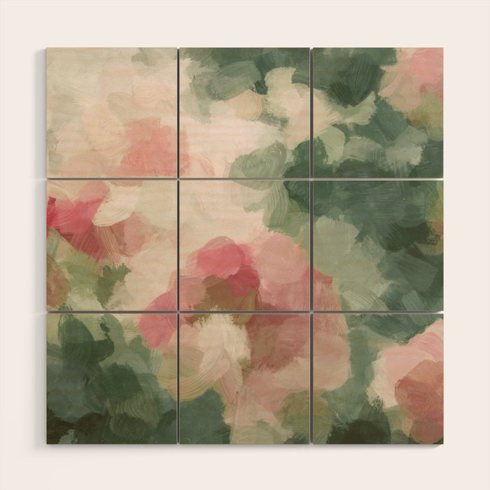 Rose Garden - Forest Sage Green Fuchsia Pink Floral Rose Garden Abstract Flower Painting Art Print Wood Wall Art Gallery Image 1
