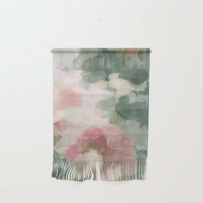 Rose Garden - Forest Sage Green Fuchsia Pink Floral Rose Garden Abstract Flower Painting Art Print Wall Hanging Gallery Image 1