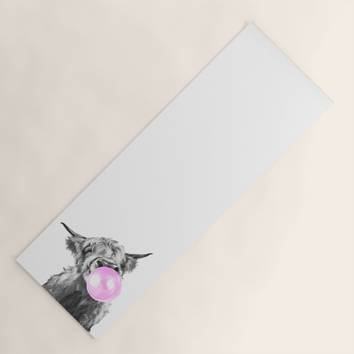 Bubble Gum Highland Cow Black and White Yoga Mat Gallery Image 1
