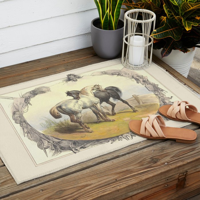 Arabian Horses - Equine Theme Vintage Illustration Outdoor Rug Gallery Image 2