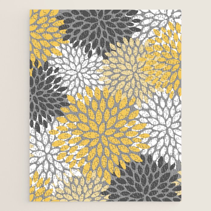 Modern Elegant Chic Floral Pattern, Soft Yellow, Gray, White Jigsaw Puzzle Gallery Image 1