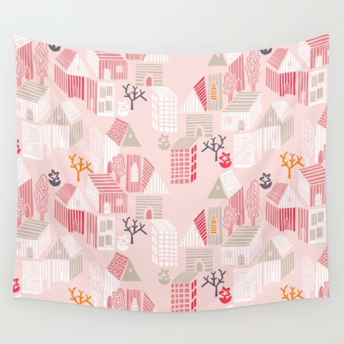 City life neighborhood pearl pink Wall Tapestry Gallery Image 1