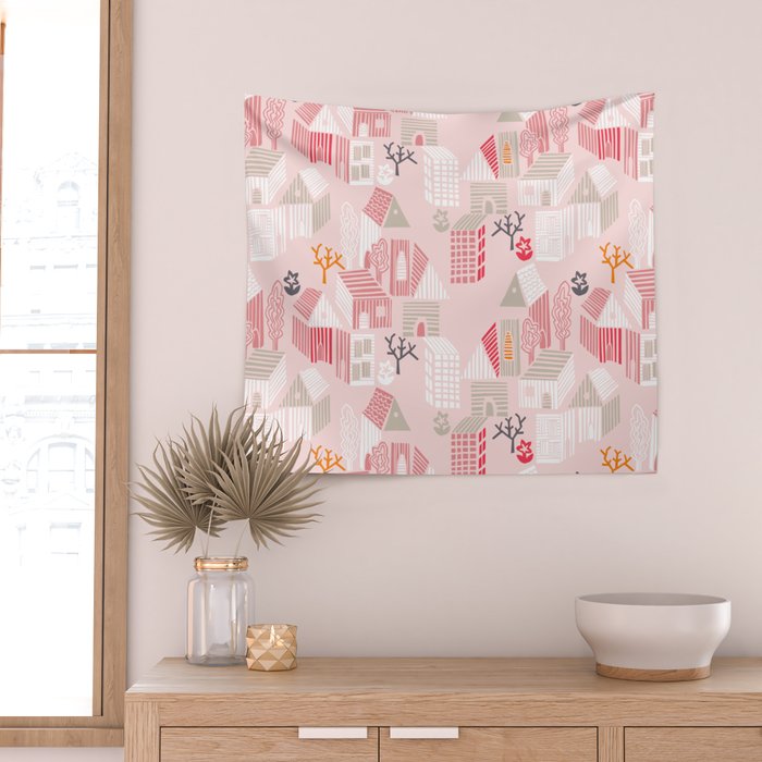 City life neighborhood pearl pink Wall Tapestry Gallery Image 2