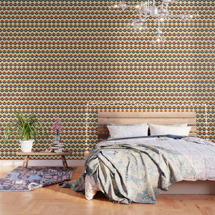 Retro 70s Floral Pattern in Mid-Century Red, Marigold, and Navy  Wallpaper Gallery Image 3
