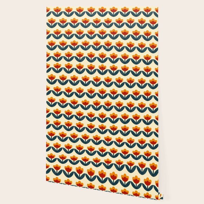 Retro 70s Floral Pattern in Mid-Century Red, Marigold, and Navy  Wallpaper Gallery Image 2