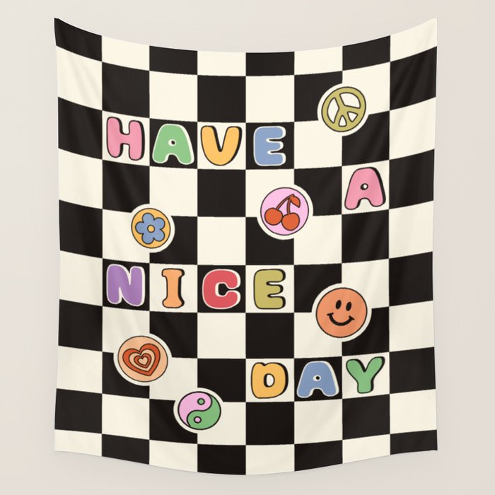 Have A Nice Day. Y2k Stickers, Black & White Checker Wall Tapestry Gallery Image 1