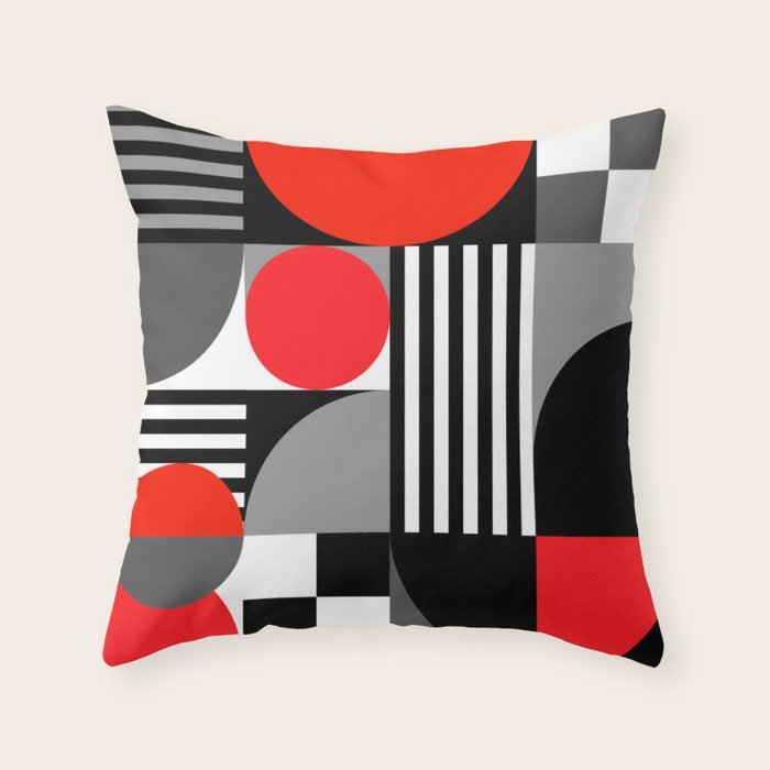 Mid Century Modern Geometric Shapes and Stripes No. 2 Red, Gray, Black Throw Pillow Gallery Image 6