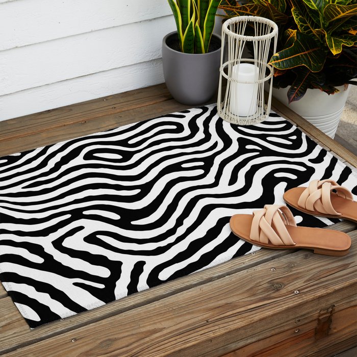 Black and white zebra stripe print art pattern Outdoor Rug Gallery Image 2