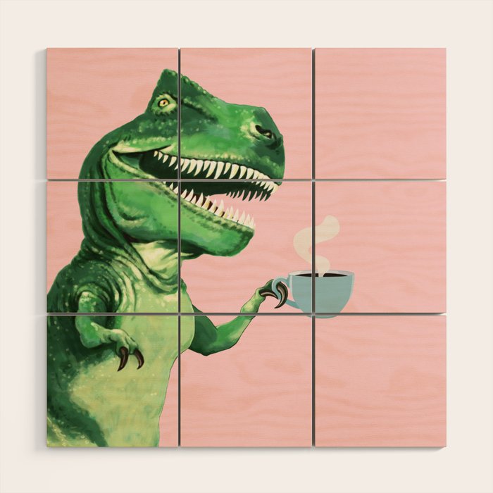 T-Rex Enjoying Coffee in Pink Wood Wall Art Gallery Image 1