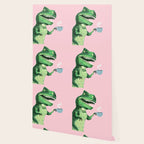 T-Rex Enjoying Coffee in Pink Wallpaper Gallery Image 2