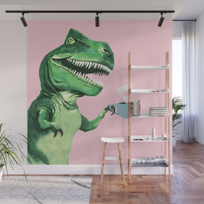 T-Rex Enjoying Coffee in Pink Wall Mural Gallery Image 1