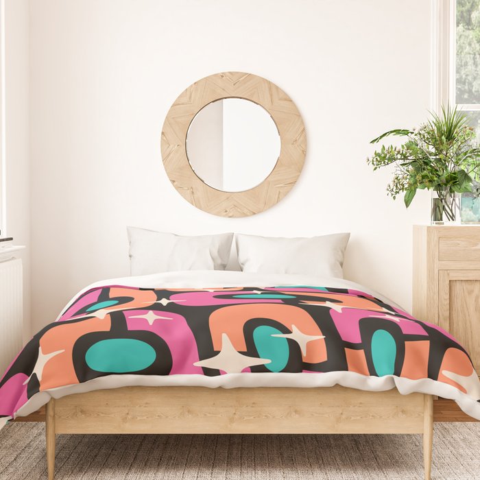 Mid Century Modern Cosmic Abstract 356 Magenta Orange Turquoise Black and Beige Duvet Cover Gallery Image 3