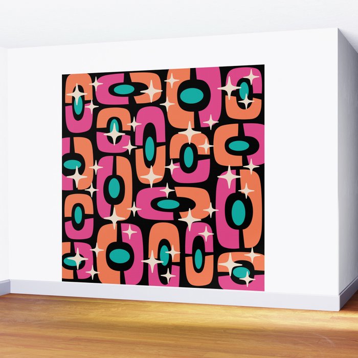 Mid Century Modern Cosmic Abstract 356 Magenta Orange Turquoise Black and Beige Wall Mural Gallery Image 2