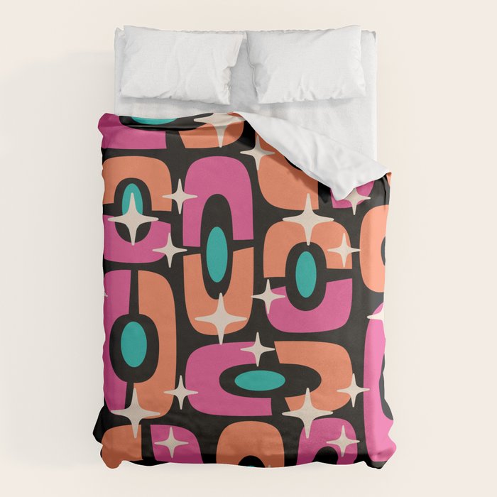 Mid Century Modern Cosmic Abstract 356 Magenta Orange Turquoise Black and Beige Duvet Cover Gallery Image 6