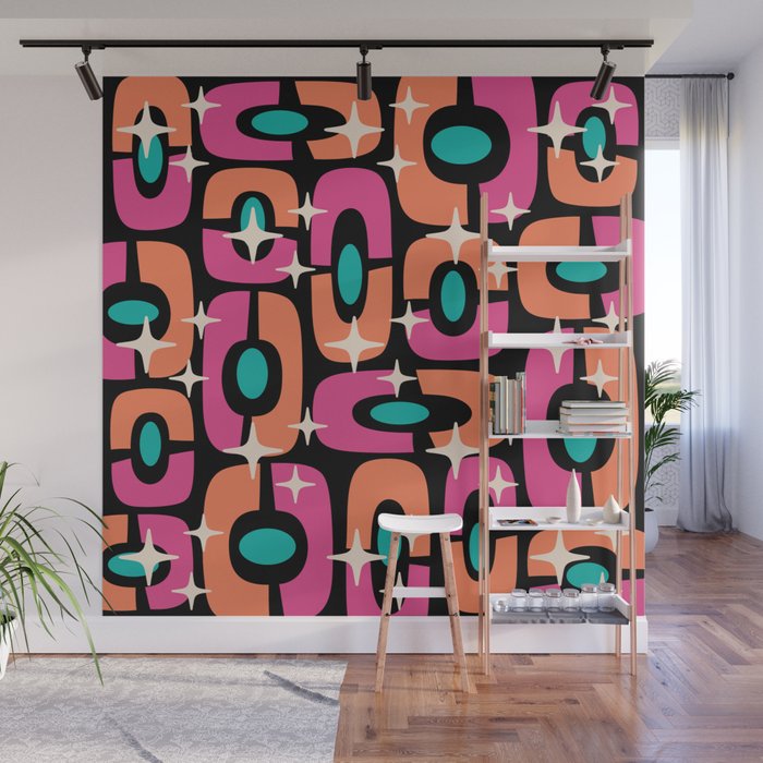 Mid Century Modern Cosmic Abstract 356 Magenta Orange Turquoise Black and Beige Wall Mural Gallery Image 1
