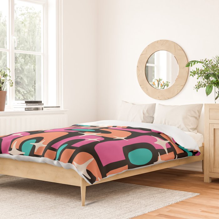Mid Century Modern Cosmic Abstract 356 Magenta Orange Turquoise Black and Beige Duvet Cover Gallery Image 2