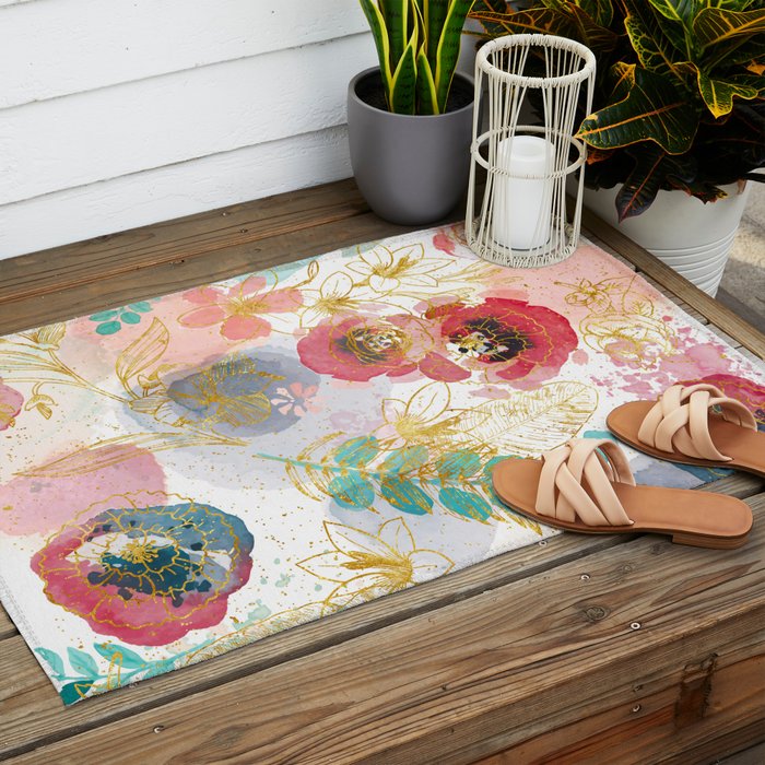 Golden flowers Outdoor Rug Gallery Image 2