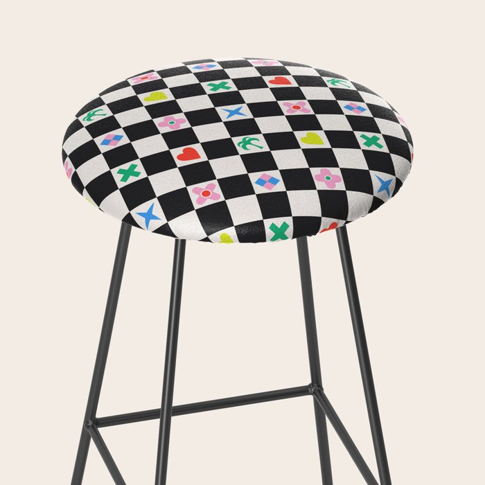 Tropical Vacation Symbols Black and White Harlequin Diamond Grid Stool Gallery Image 2